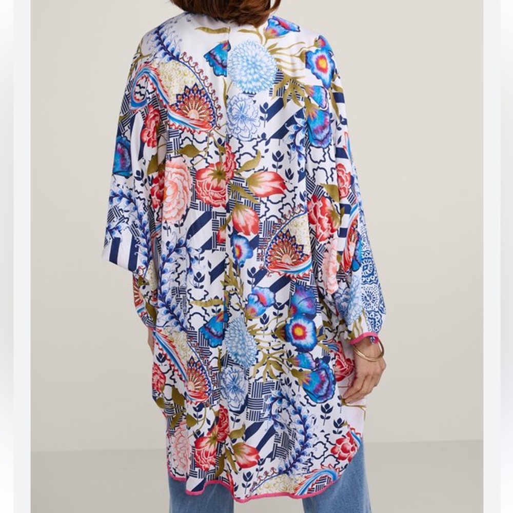 Soft Surroundings Josiane Topper Multicolor Floral Cocoon Kimono Longline-OS